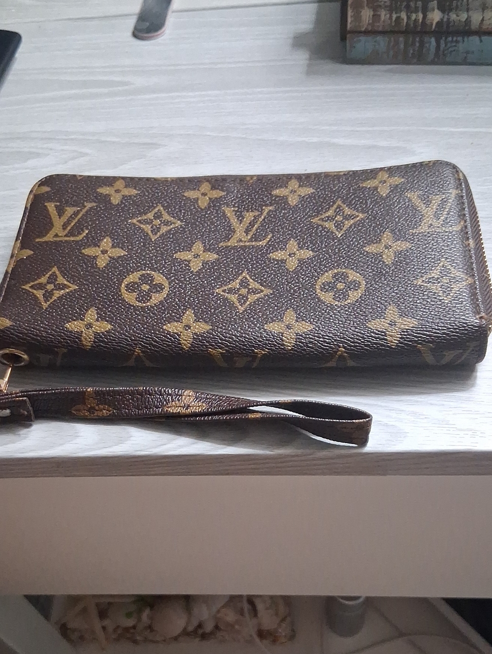 Source Uknown Monogram Zip-Around Wristlet in Brown/Gold